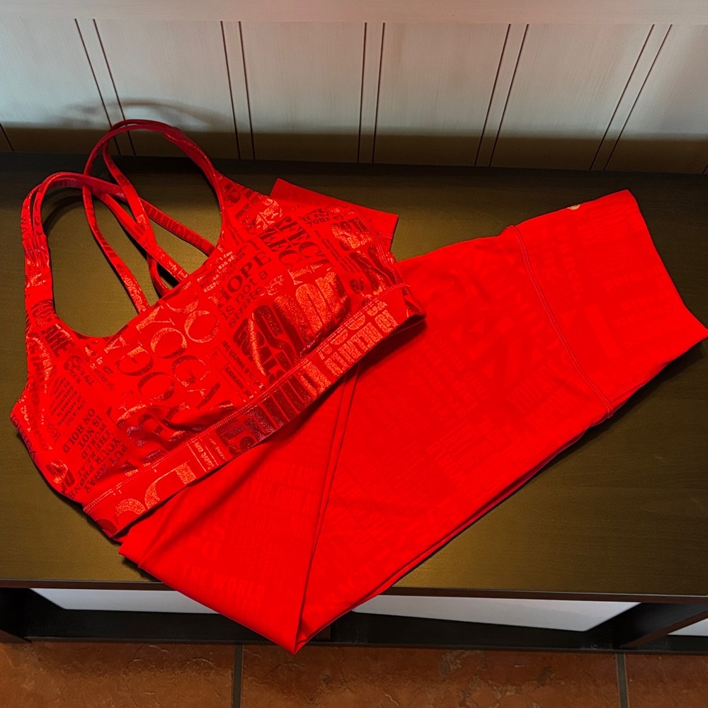 Lululemon energy bra and wunder under leggings in red manifest print